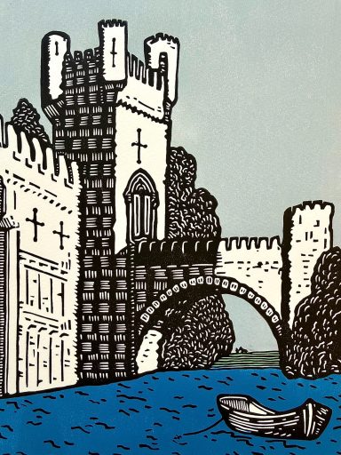 a hand printed multiblock linocut of a Castle scene featuring a tiny man and horse in the distance.