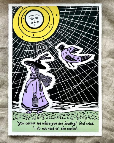 a hand printed multiblock linocut of a storyboard style scene with a witch, a moon and a bird - characters created by the artist as part of