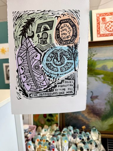 a hand printed multiblock jigsaw linocut print inspired by Carrow House.